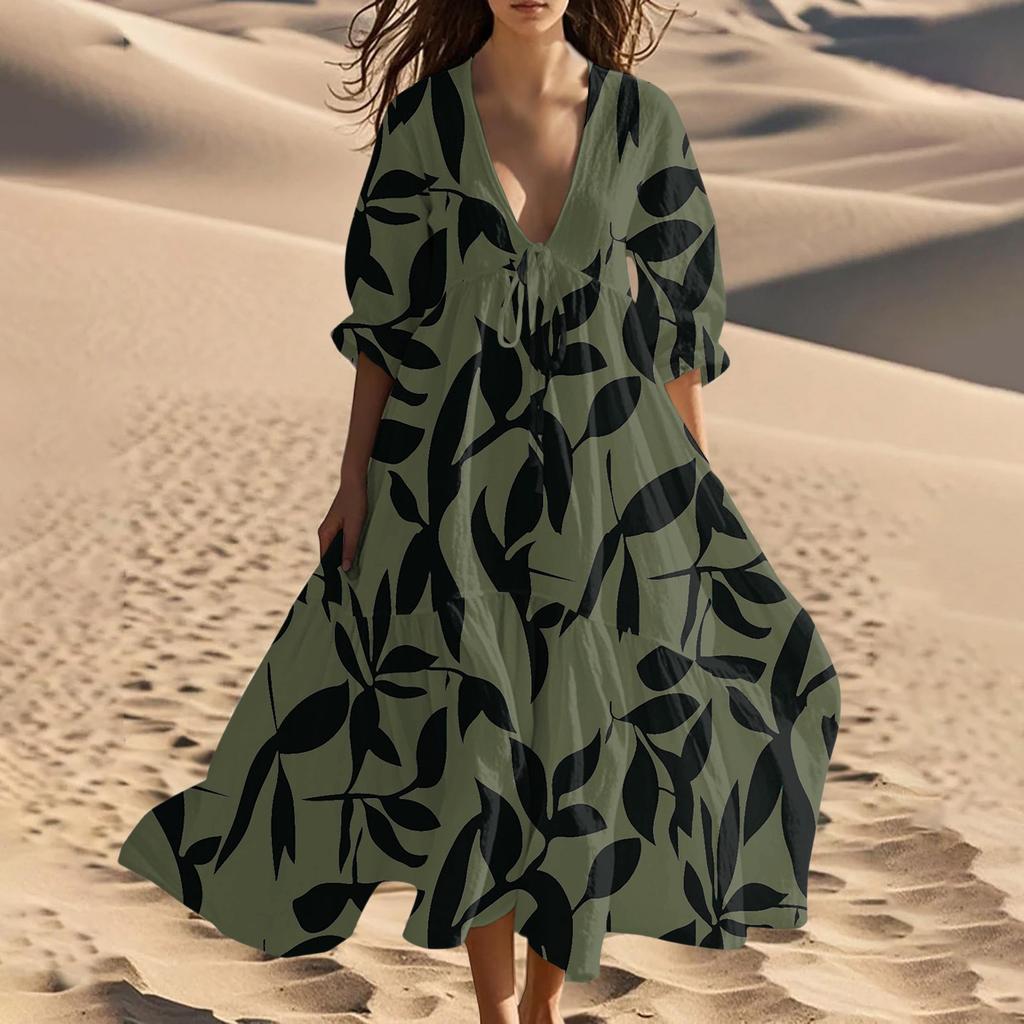 Vestido Largo de Verano para Mujer con Cuello en V, Playa, Estampado Floral Vintage, Encaje con Cordones, Empalme