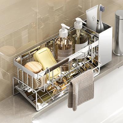 Bathroom Sink Storage Rack Metal Drain Rack with Cutlery Container Dishwashing Sponge Holder Kitchen Countertop Storage Shelf