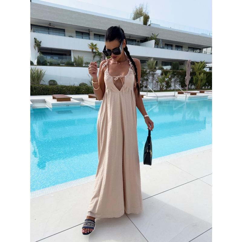 Women's Summer New Dress Solid Color Jacquard Suspender Deep V Sexy Loose Long Skirt for Women