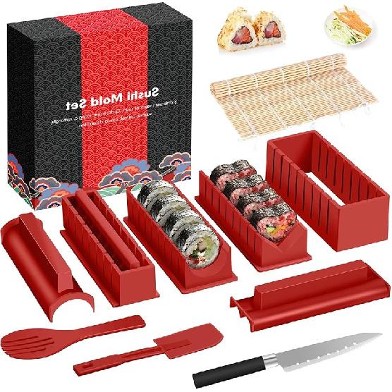 HI NINGER Sushi Making Kit Deluxe Edition Complete Sushi Maker Kit 12PCS Home Sushi Mold Press with Sushi Rice Roll Mold Shapes,Fork , Sushi