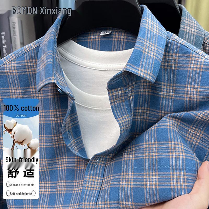 ROMON Men s Pure Cotton Long Sleeve Plaid Shirt 42