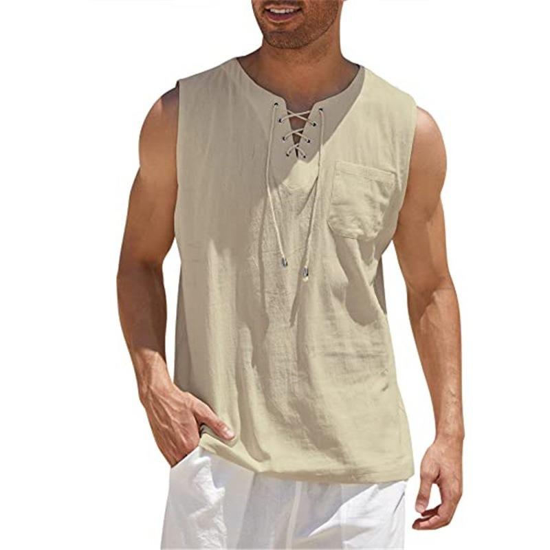 New Hot Selling Men's Tank Top Shirt Lace Up Fashion Solid Color Cotton Linen Short Sleeve T-Shirt