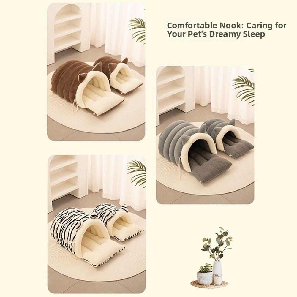 Soft Semi Enclosed Cat Bed with Cat Ears Removable Pet Sleeping Bed Washable Warm Windproof Cat Nest Cat Dog