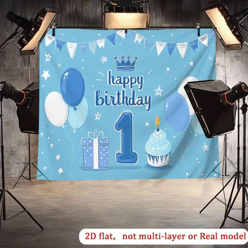 2D Blue Happy 1st Birthday Backdrop Crown Balloon Party Background Banner