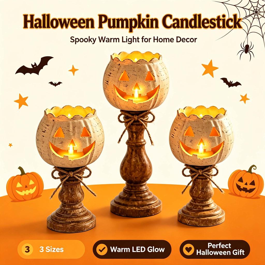 Vintage Distressed Pumpkin Tea Light Candle Holder Set Rustic Farmhouse Halloween Table Decor for Home Party Holiday Mantel
