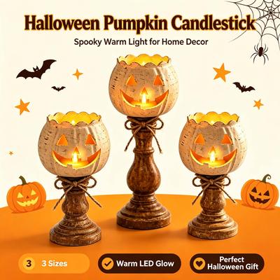 Vintage Distressed Pumpkin Tea Light Candle Holder Set Rustic Farmhouse Halloween Table Decor for Home Party Holiday Mantel