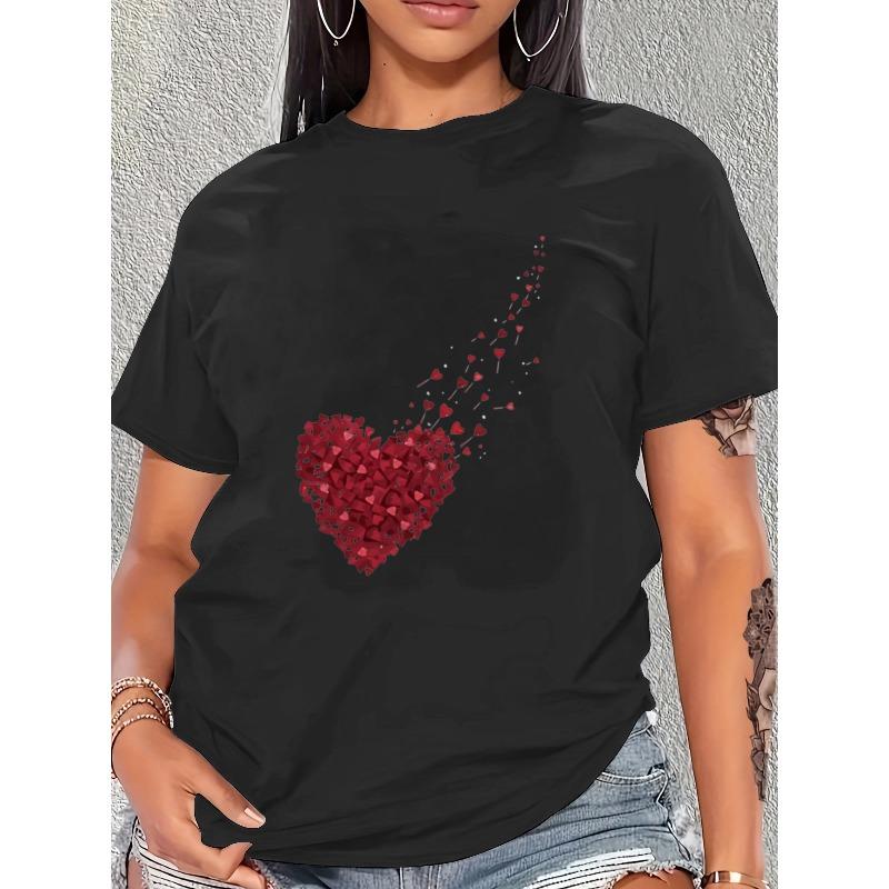 European Size Women's Short Sleeve T-shirt, Five Colors. Red Broken Heart Graphic Tee Summer New Romantic Hearts Print Top