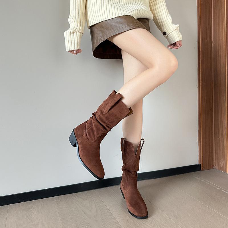 Retro cowboy boots spring and autumn pointed thick heel pleated pile short Martin boots knight boots