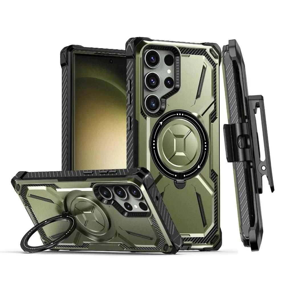 

Для Samsung Galaxy S25 S24 S23 S22 Ultra Plus Armor Rugged для MagSafe Магнитный чехол для телефона с кольцом-держателем и зажимом для ремня Galaxy S24 Ultra