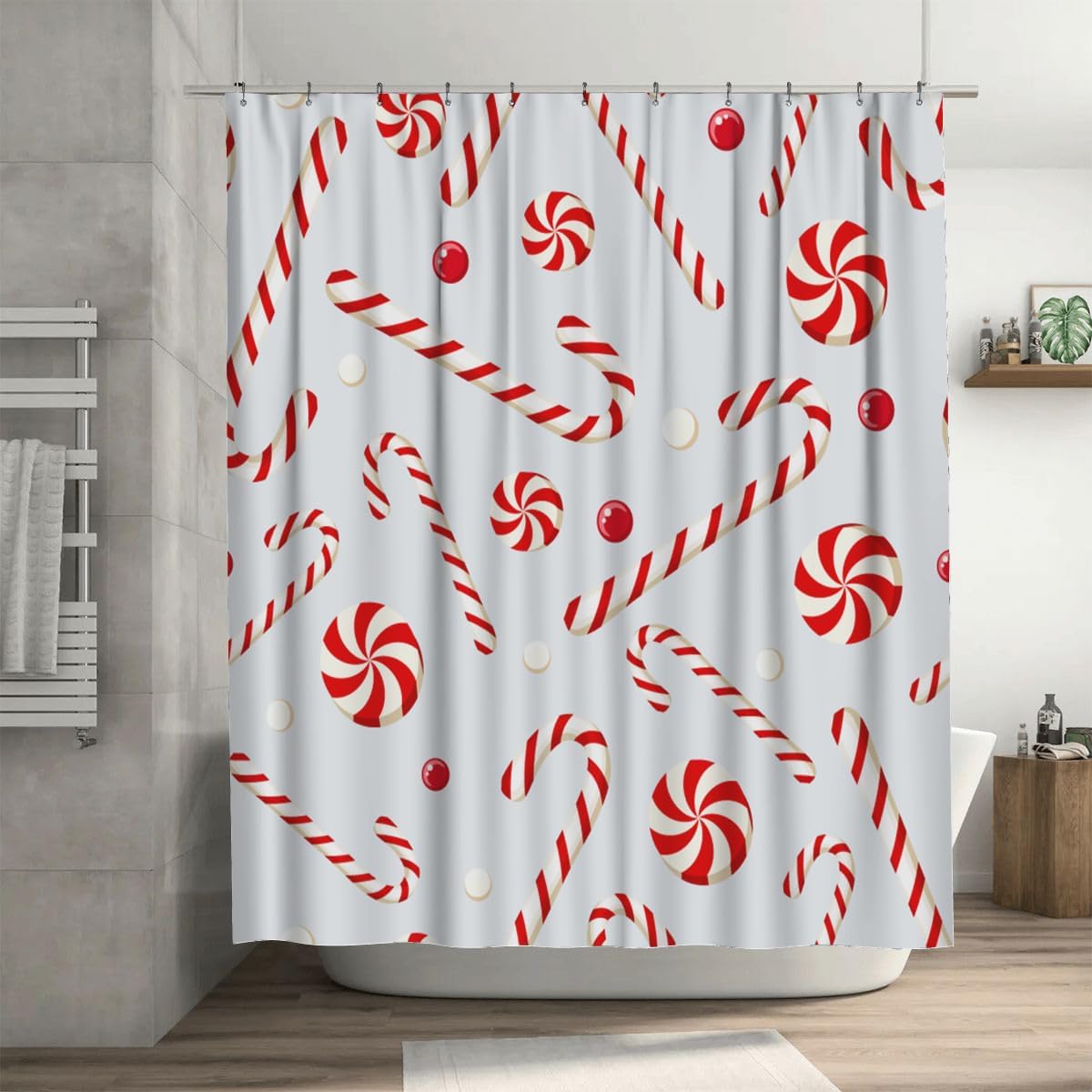 

Grey Christmas Candies Candy Cane Shower Curtain Set with Hooks, Waterproof Polyester Bathroom Decor for Cute Home Holiday Style 90x180cm35x71in