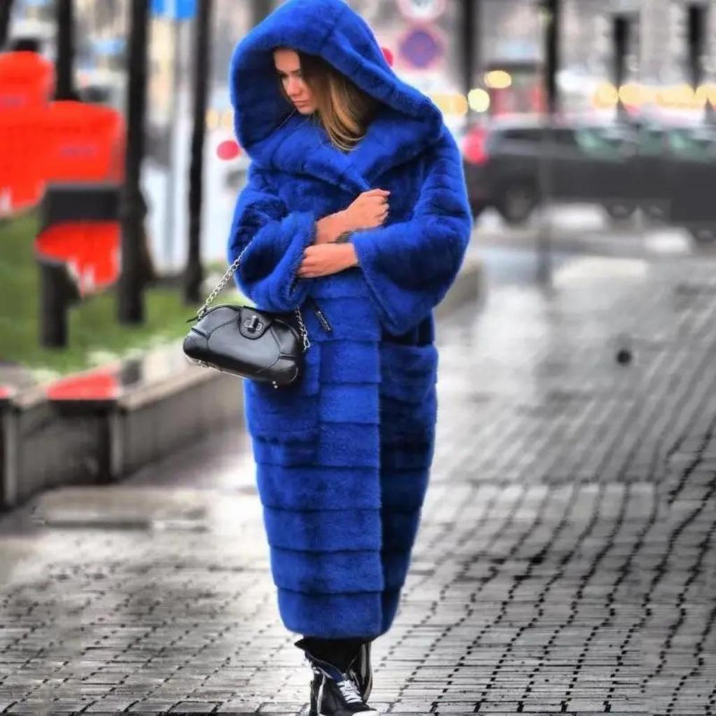 Cappotti lunghi in pelliccia di visone ecologica con cappuccio grande Moda Lusso Nuovo Blu Re Maniche Lunghe Cappotto di Pelliccia di Visone Donna Capispalla 5XL