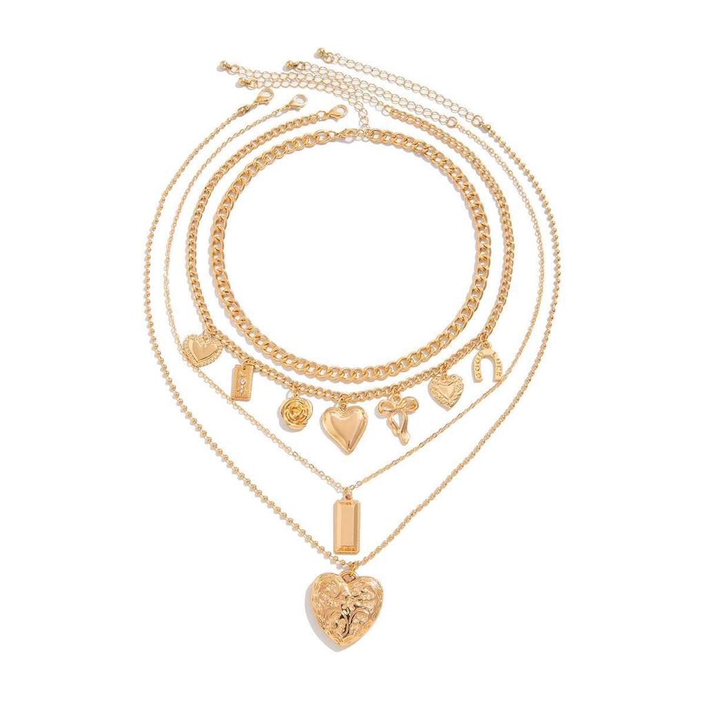 Salircon 4Pcs/Set Vintage Love Heart Bowknot Pendant Necklace for Women 2026 Trendy Punk Gold Color Metal Necklace Jewelry New