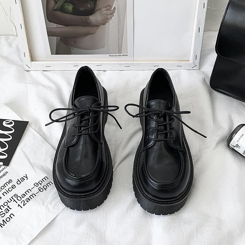Black Small Leather Shoes Female British Style Spring And Summer New Retro Thick -Soled Lok Fu Big Head Jk Shoes