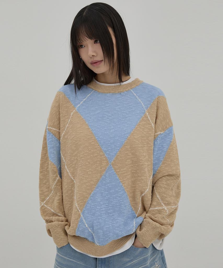 WAIKEI Big Argyle Boucle Knit Sky Blue