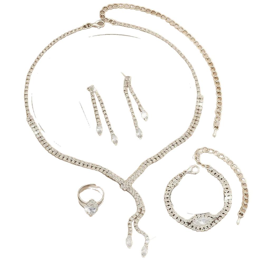 Elegant Full Diamond Jewelry Set: Necklace, Earrings, Bracelet, Ring for Weddings and Banquets