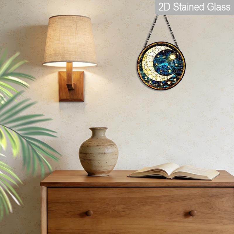 2D Flat Stained Glass Moon and Stars Window Decoration, 7.87inches Deep Blue Starry Sky Design Colored Glass Plate, Charming Home Bedroom Sun Catcher