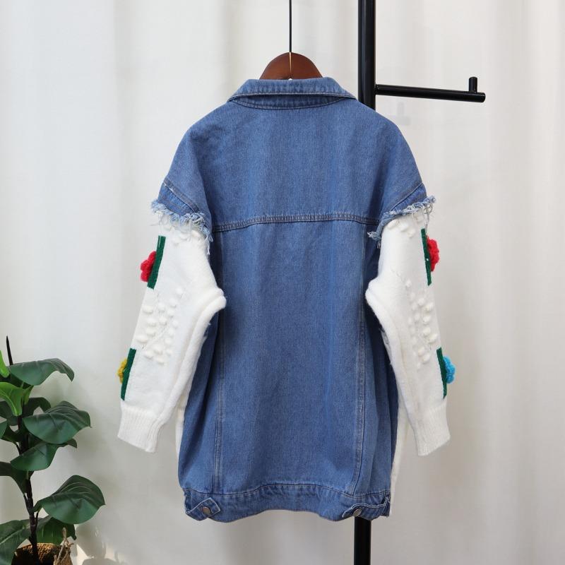 Splicing denim three-dimensional flower knitted cardigan women's autumn and winter new loose design sweater jacket