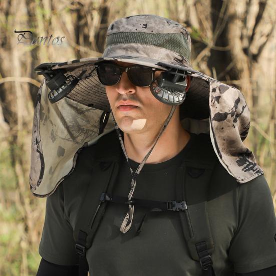 Solar Fan Hat with Neck Flap UPF 50+ UV Protection Hat with 2 Solar Fans Breathable Men Summer Outdoor Activities Fishing Wide Brim Bucket Cap