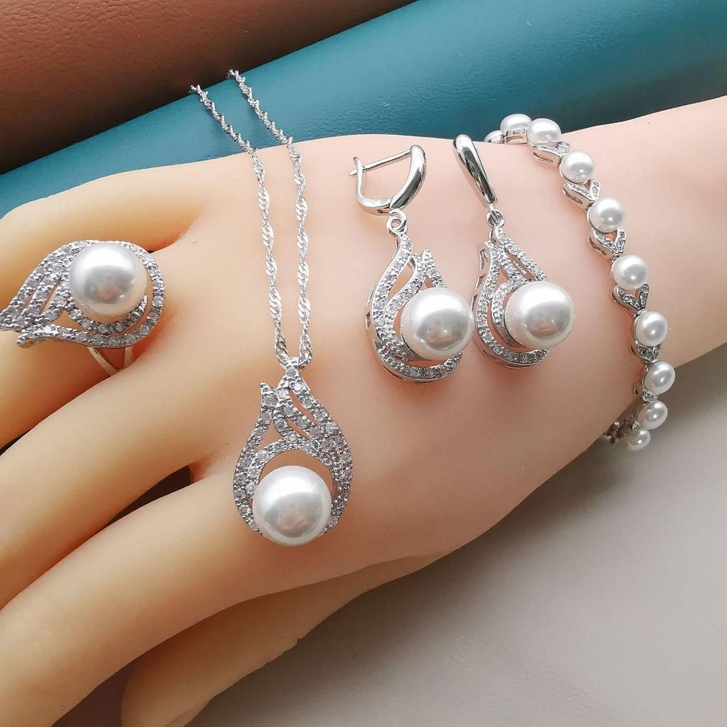 European & American Luxury Zircon Pearl Jewelry Set: Necklace, Earrings, Ring