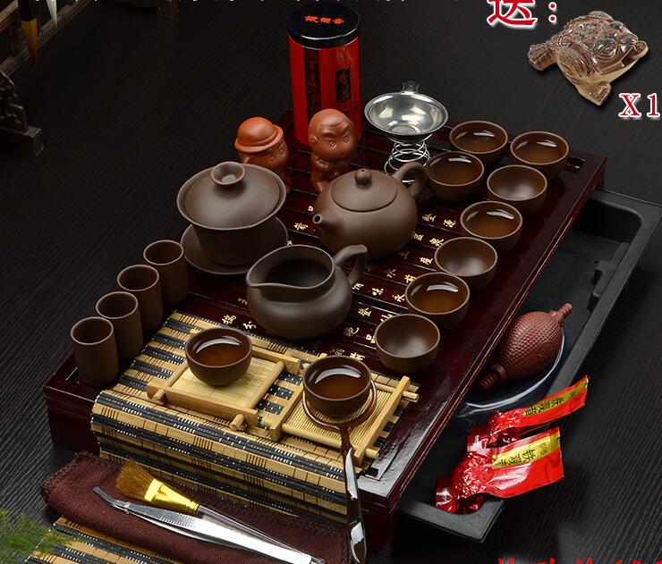 Chinese kung fu tea set porcelain tray purple grit ceramic teapot for the tea cups with saucers solid wood the tea pot 26pcs