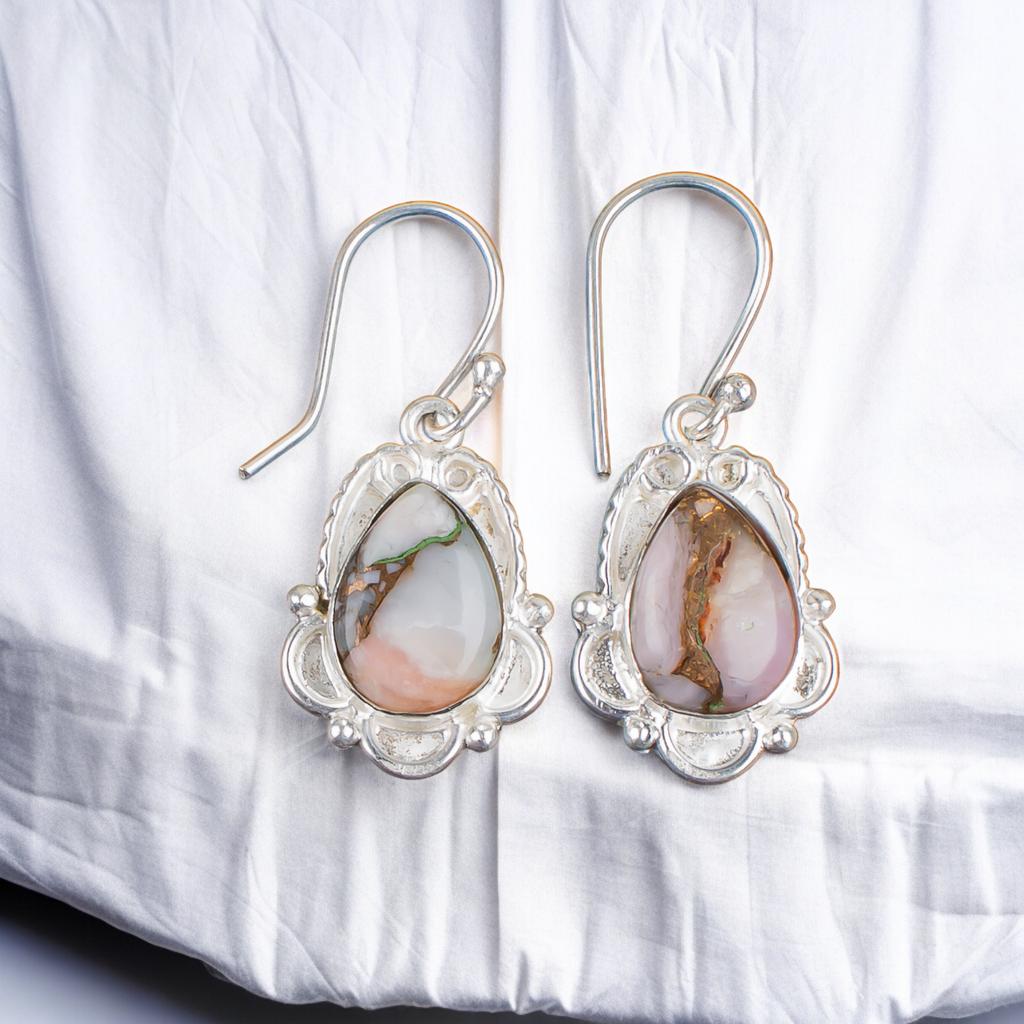 Natural Pink Opal Copper Gemstone 925 Stleing Silver Stylish Jewelry Earrings EE-41-35