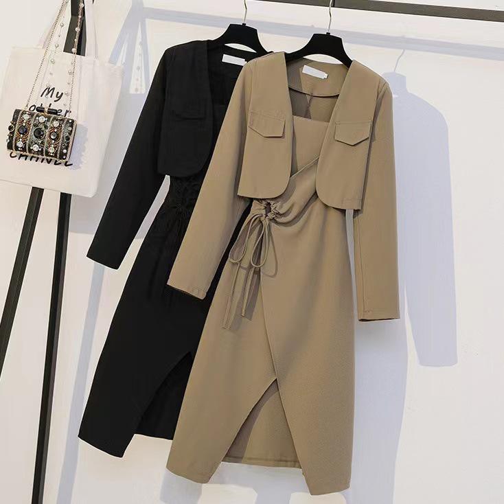 Women's Plus Size Skirt Suit Set - Spring/Autumn 2024, Slimming Two-Piece: Fashion Coat & Suspender Dress