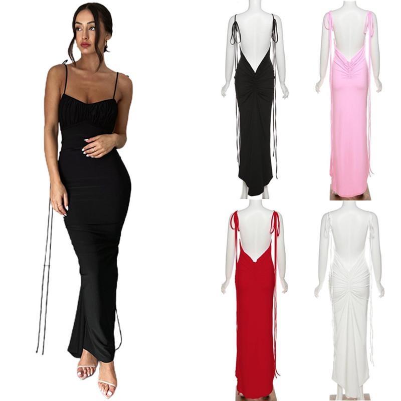

Womens Sleeveless Dress Sexy Backless Bodycon Deep V-neck Dresses Summer Strap Long Dresses for Woman Clothing Black White One-piece Halter Dress L червоний