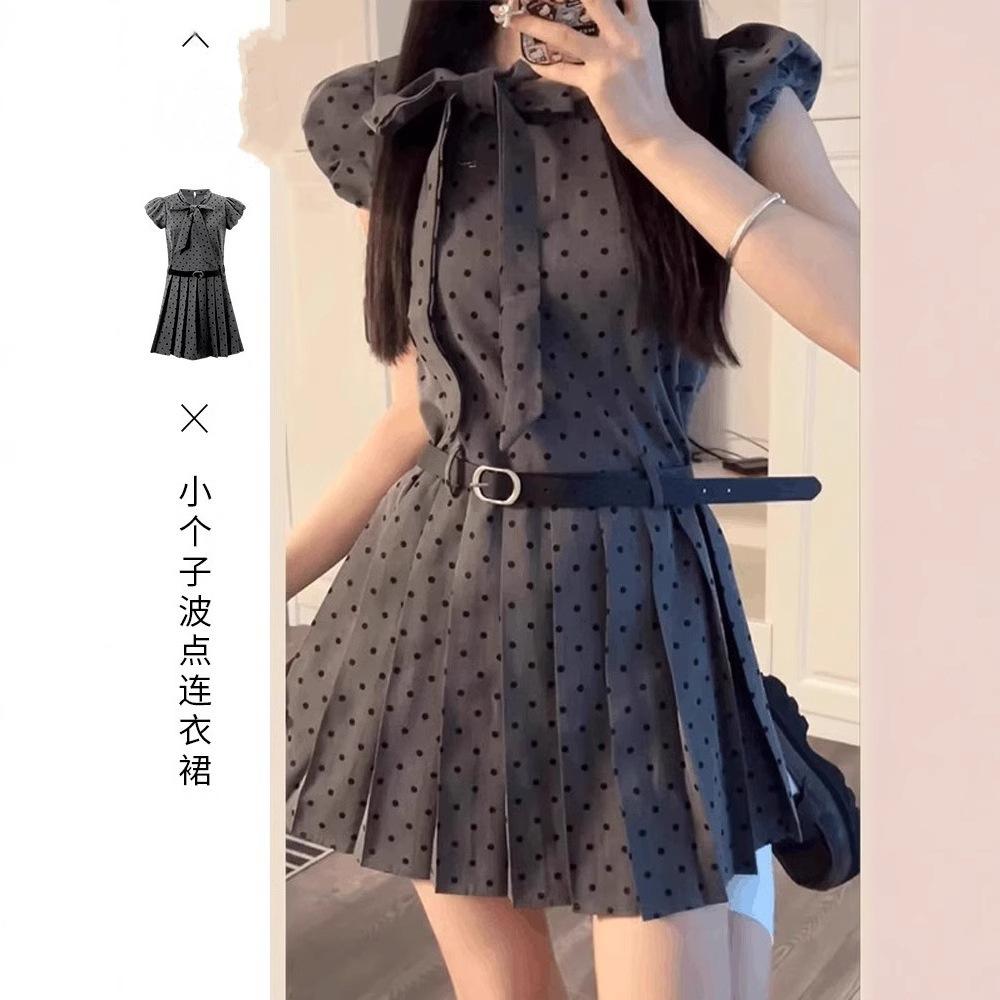 Small gray polka dot dress children's summer new miu wear waist a word pleated skirt