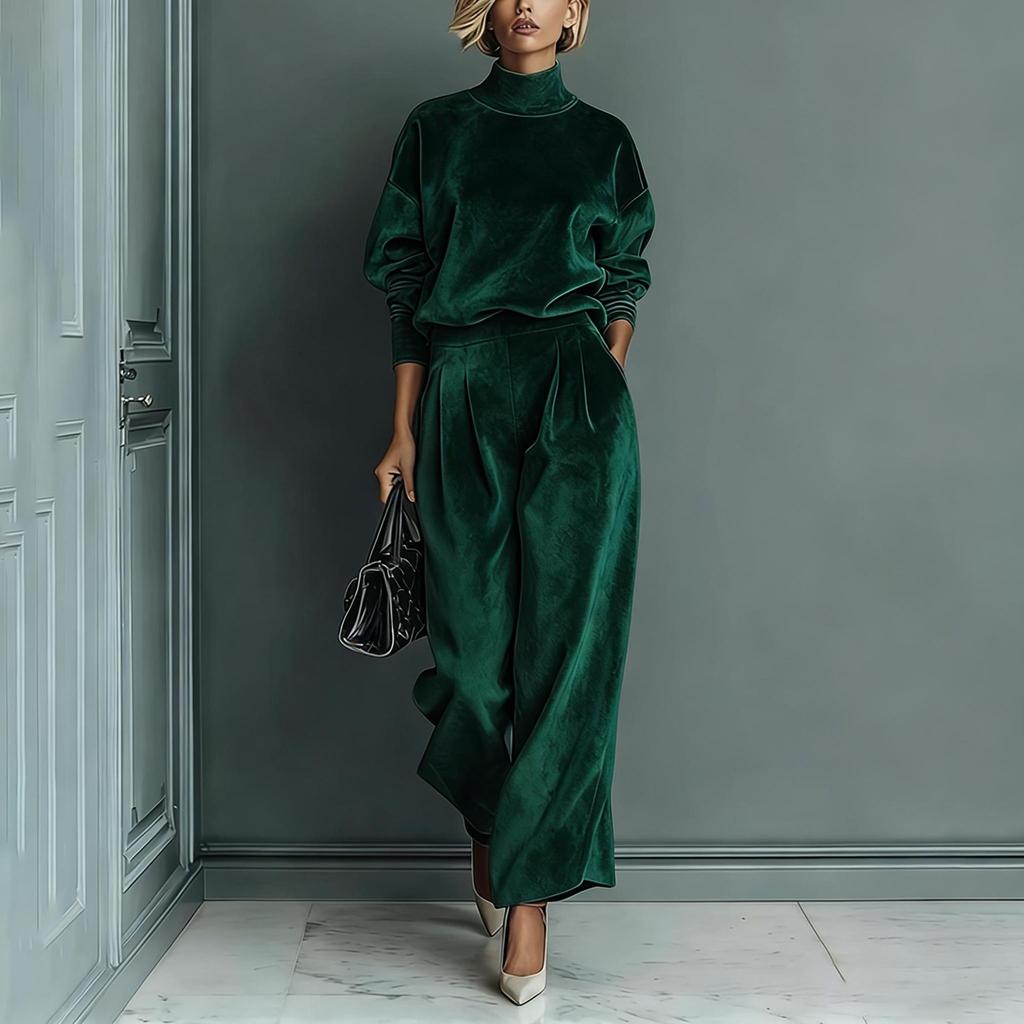 2025 Autumn/Winter Women's High-End Fashion Knit Two-Piece Set: Long Sleeve Top & Wide-Leg Pants