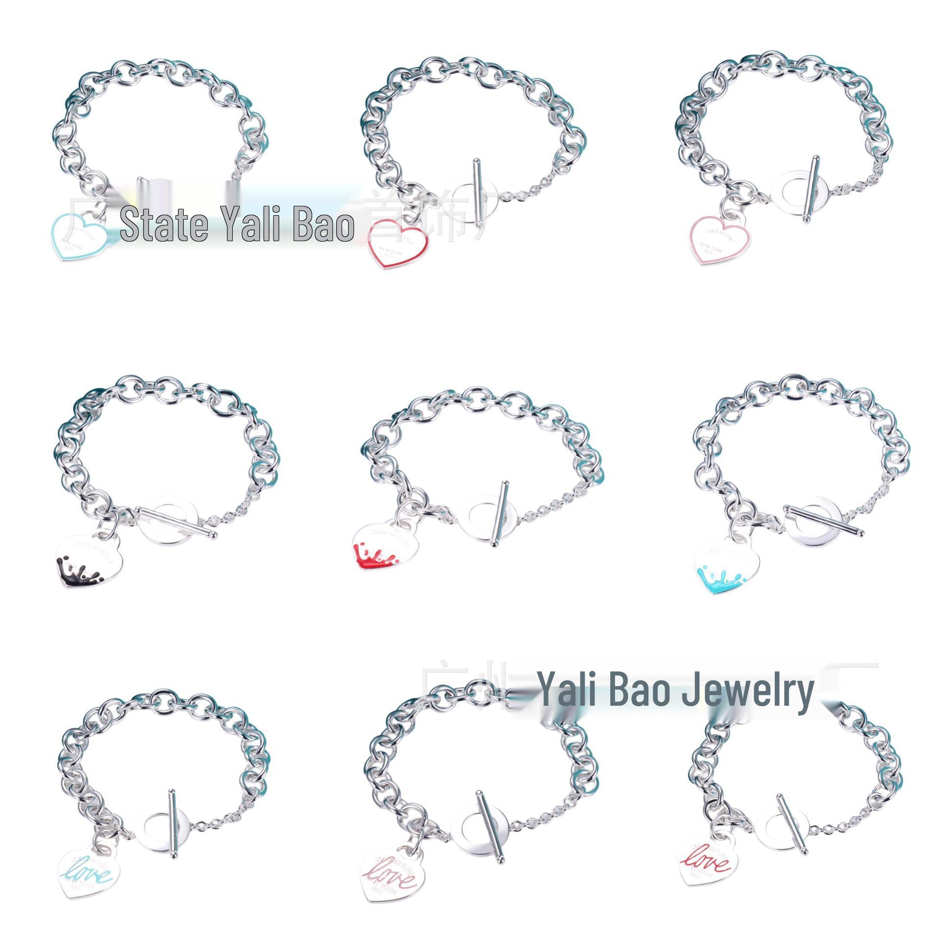 

European-American Heart-Shaped T-Style Bracelet for Women, High-End Enamel White Copper, Silver-Plated Heart Pendant 18 cm