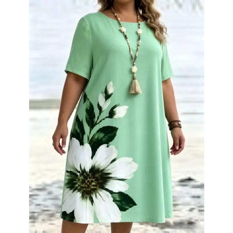 Plus Size Women Summer Midi Dress O Neck Short Sleeve 3D Floral Print Loose Casual Beach Holiday A-line Dresses
