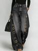 Women's Washed Blue High-Waist Metal Grommet Wide Leg Jeans Casual Loose Fit Streetwear Pants Casual Trousers