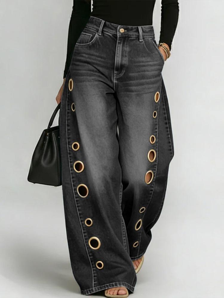 Women's Washed Blue High-Waist Metal Grommet Wide Leg Jeans Casual Loose Fit Streetwear Pants Casual Trousers