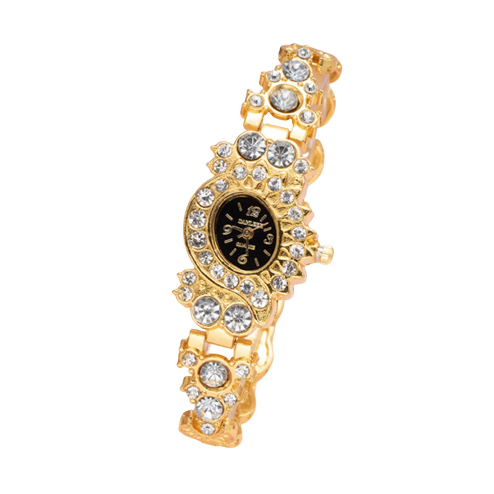 Women s Fashion Trendy Rhinestone Watch Gold Bracelet Quartz Wristwatch Black