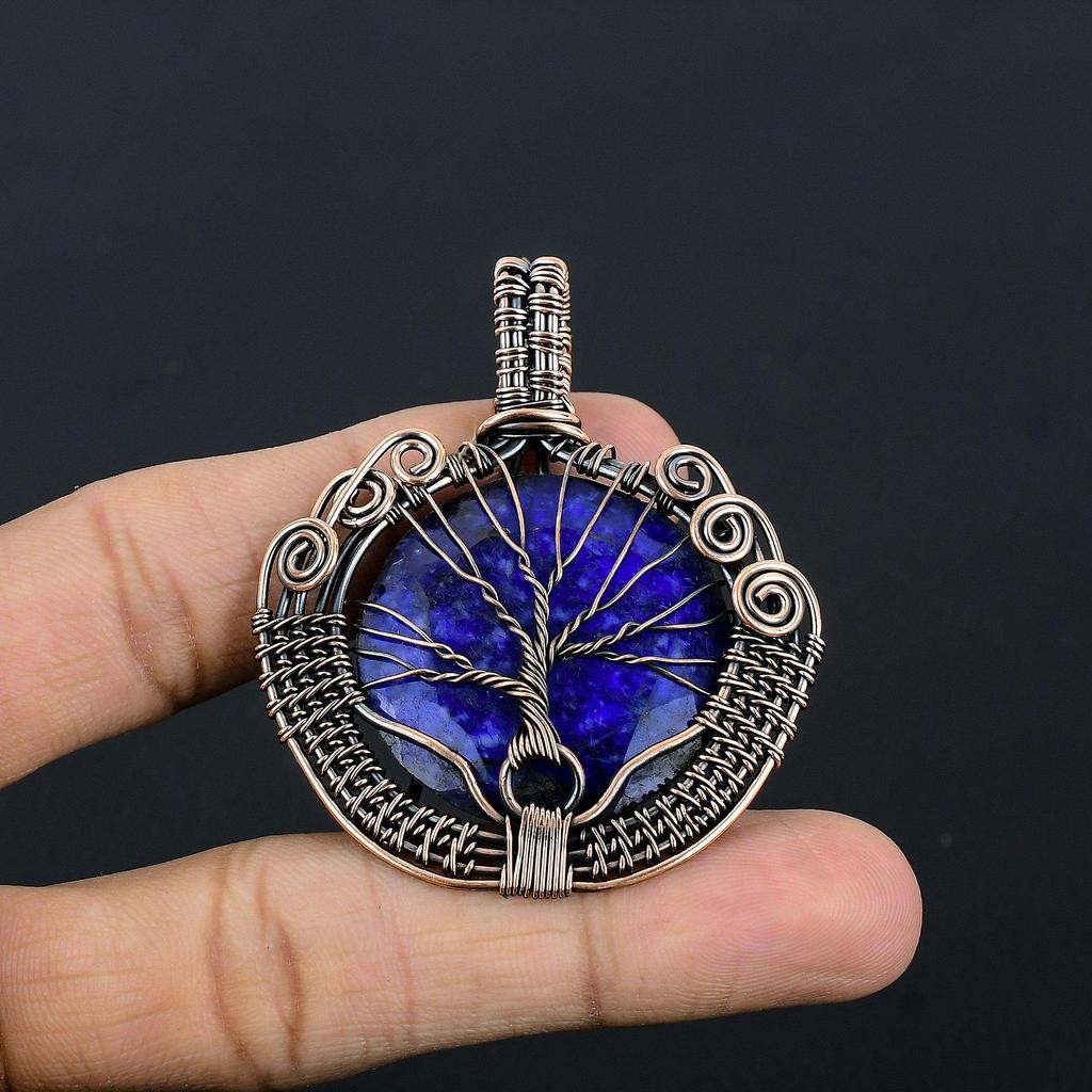 Tree Of Life Blue Sapphire Pendant, Handmade Gemstone Pendant, 999 Copper Wire Wrapped Pendant Antique Jewelry, For Engagement Gift