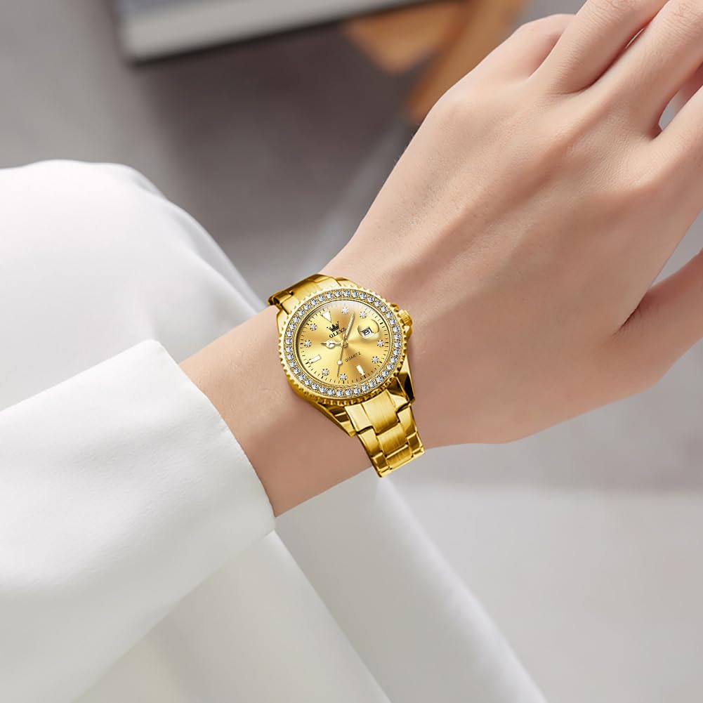 OLEVS Stainless Steel Quartz Watch with Diamond Luminous Easy to 30M Water Gift for Gold Women's Dial, Display, Read, Resistance, Popular, Cute,