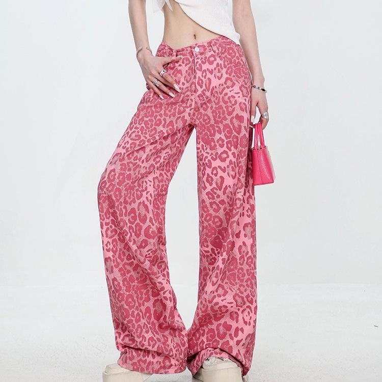 

ABWEAR Dopamine Leopard Print Slimming Wide Leg Jeans for Women Large розовый