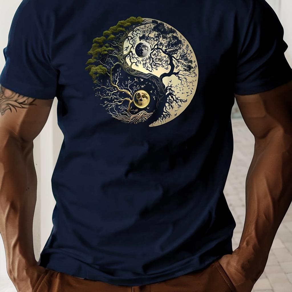 Men's summer casual loose sports yin-yang tree pattern print round neck short sleeved T-shirt top