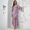 Women Summer Dress Casual A-Line Floral Print High Waist V-Neck Short Bubble Sleeve Ankle-Length Straps Slit Spring