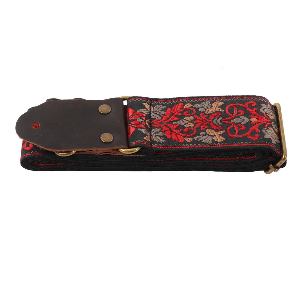 Gitarrengurt Lederkopf für Akustik E-Gitarre Bestickter Jacquard Vintage Blumenmuster Schwarz