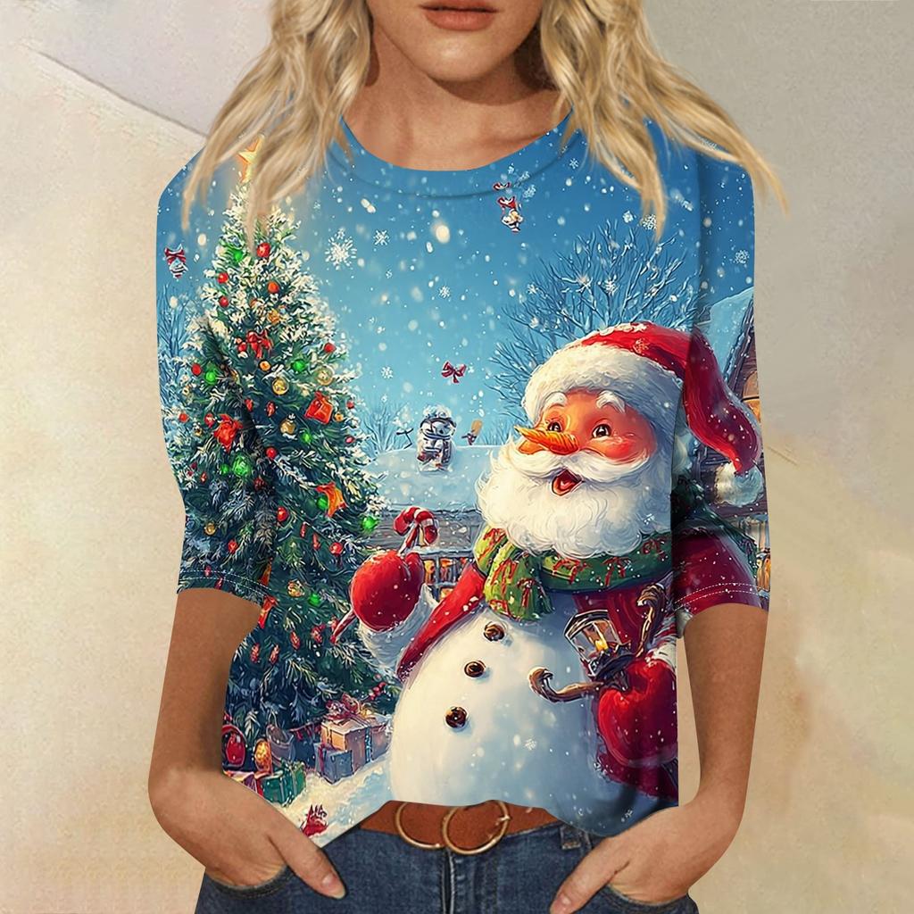 Women's Christmas Print 3/4 Sleeve Neck Loose Fit Casual Shirt