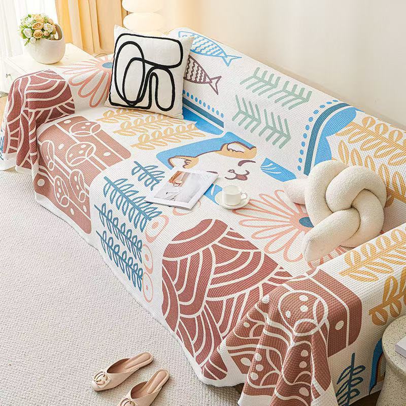 Anti Cat Scratch Sofa Towel with Tassel Nordic Printed Non Slip Blanket for Living Room Multi-Purpose Dust Cover for All Seasons