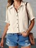 Women's Puff Short Sleeve Button Down Shirt Collared V Neck Linen Work Blouse
