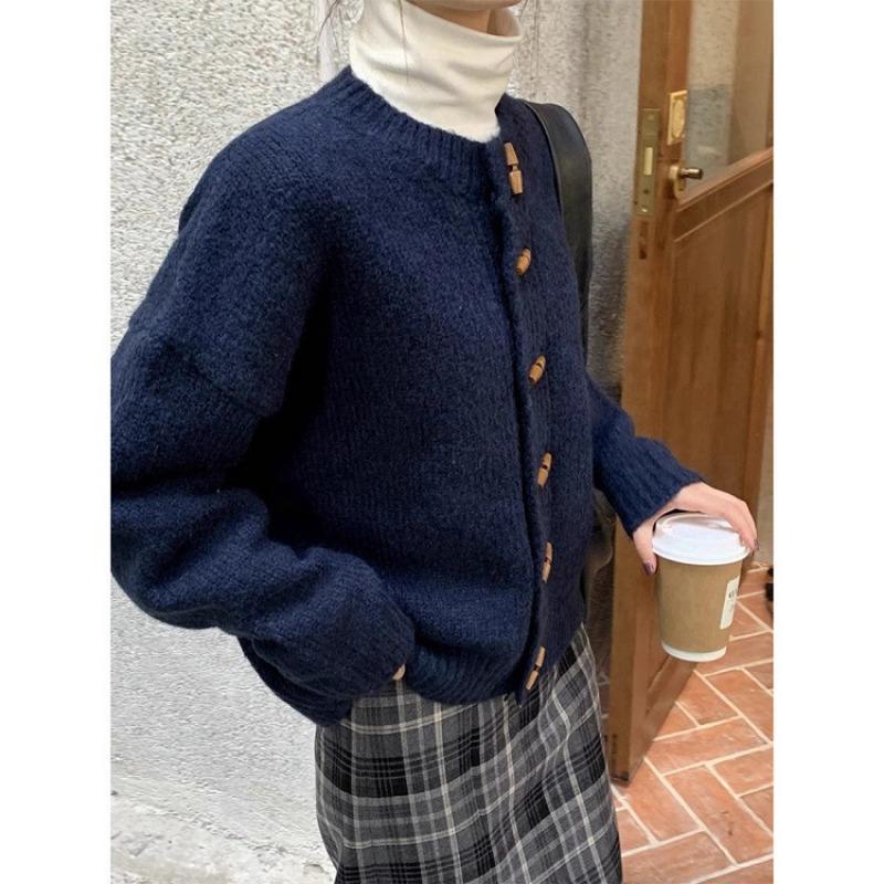 Retro Hornknopf Pullover Herbst Winter Mantel Koreanischer Stil Gestrickte Strickjacke Oberteil Neu Damen Herbstkleidung