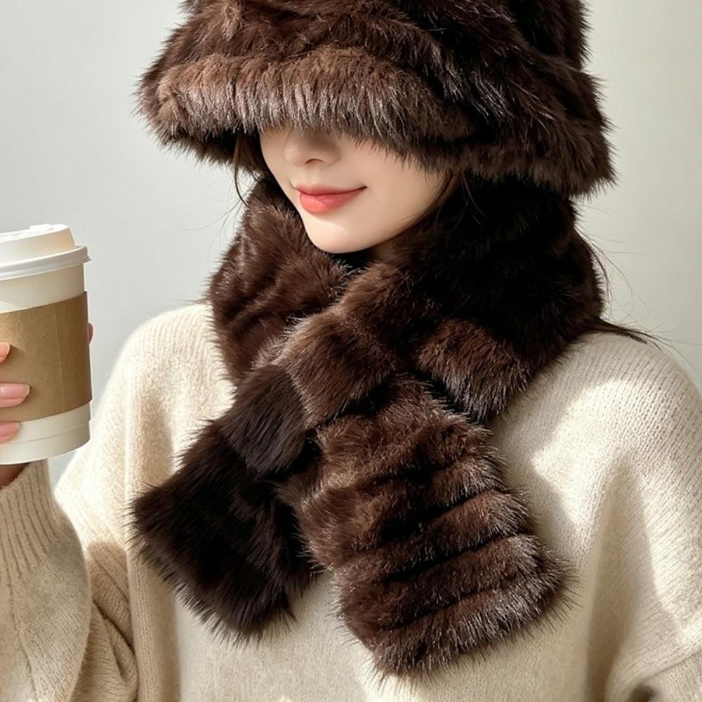 Windproof Faux Fur Hat Scarf Set Warm Fur Snood Scarf Fashion Winter Hat Scarf Set Skiing Holiday