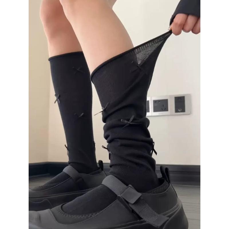 Spring and Summer Cute Bow Tie Pile-up Socks, Fashionable and Versatile Long Stockings, Lightweight and Breathable Calf Socks for Women