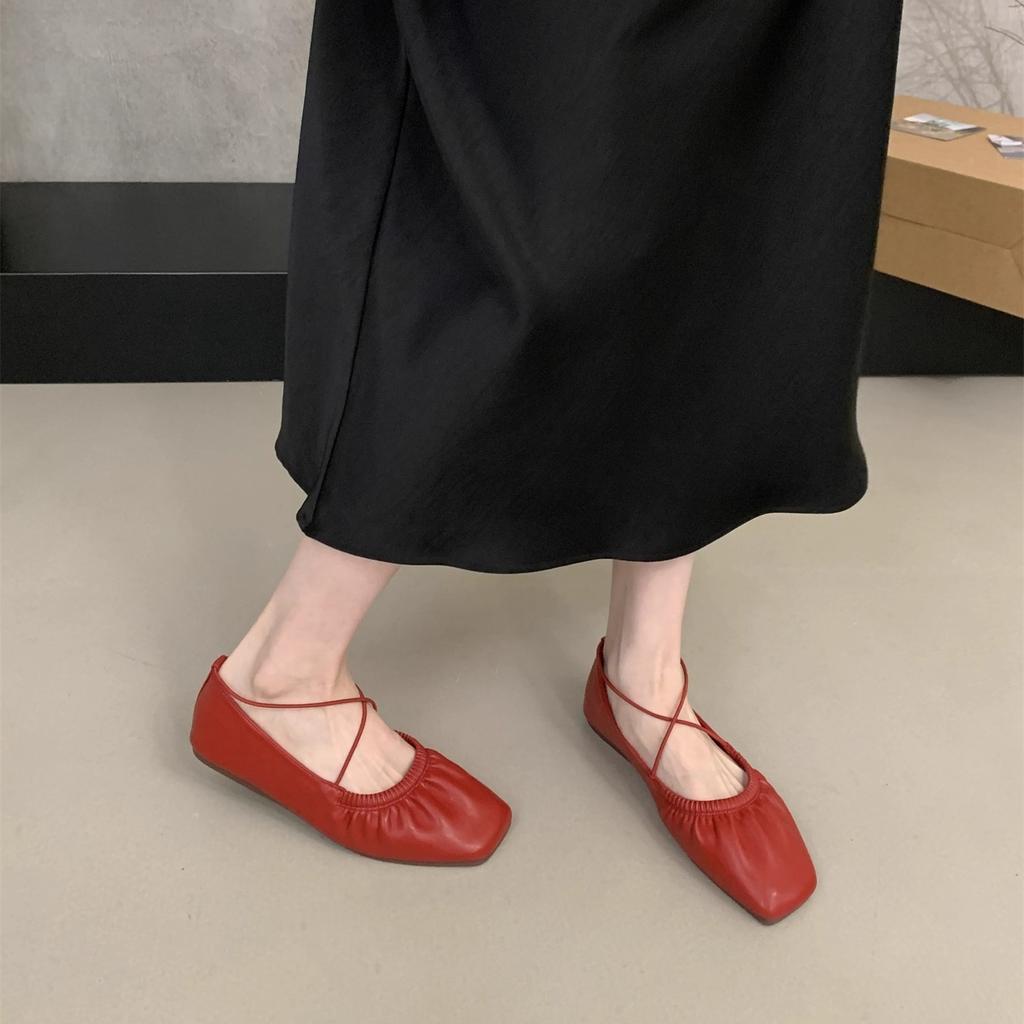 2025 new retro pleated square head retro flat-soled grandma shoes soft-soled single shoes fairy cross-strapped ballet shoes