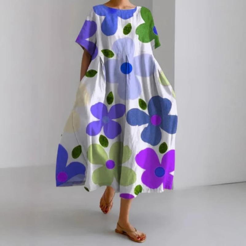 Women Abstract Floral Print Round Neck Short Sleeve Loose Fit Maxi Dress S