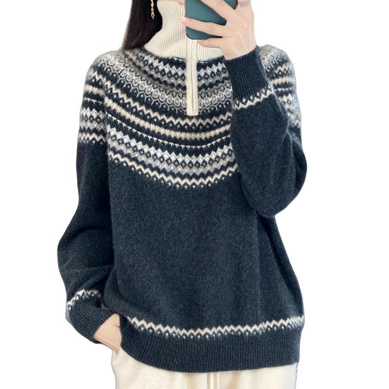 Women's Retro Fair Isle Wool Sweater - Autumn/Winter Loose Knit Outerwear