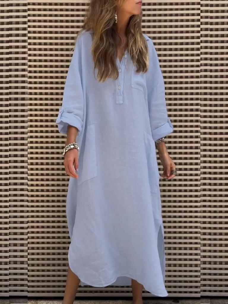 Elegant Solid Color Irregular Long Dress with Buttons and Pockets for Spring/Summer 2024